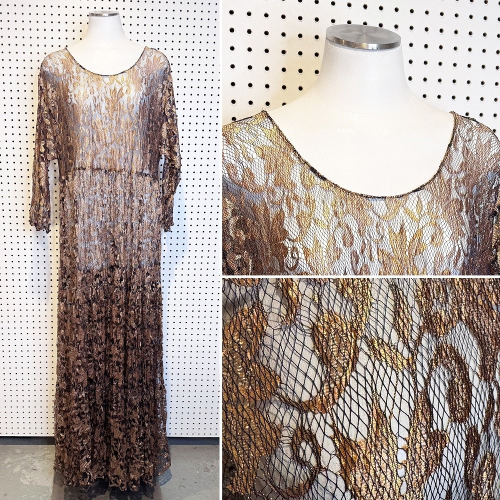 Sandi Kent | Vintage‎ Gold Metallic Lace Sheer Tiered Goddess Maxi Dress